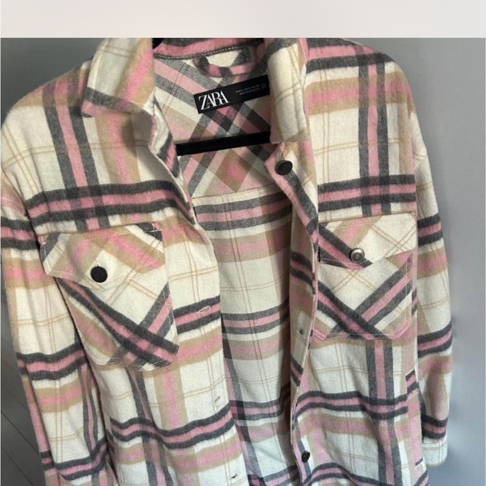 Zara Cream Plaid Shirt Jacket with Pink & Gray Stripes